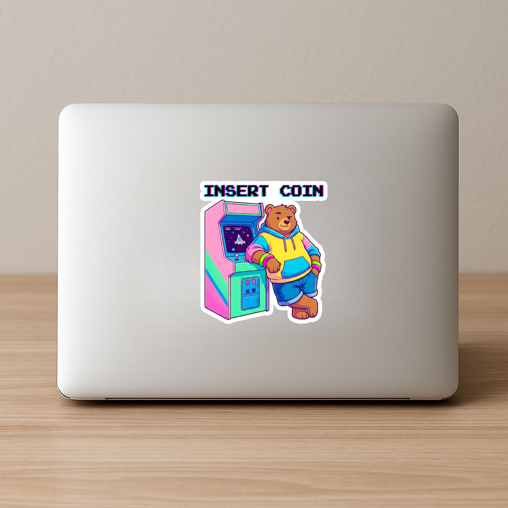 Insert Coin Arcade Bear | Retro Gamer | White Vinyl | Die-Cut Sticker