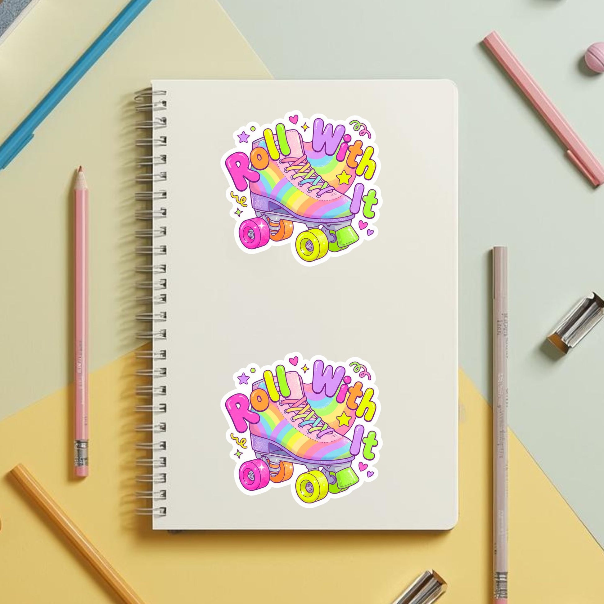 Roll With It Rainbow Skate | Retro Skater | Iridescent Vinyl | Die-Cut Sticker