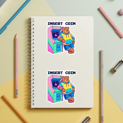 Insert Coin Arcade Bear | Retro Gamer | White Vinyl | Die-Cut Sticker