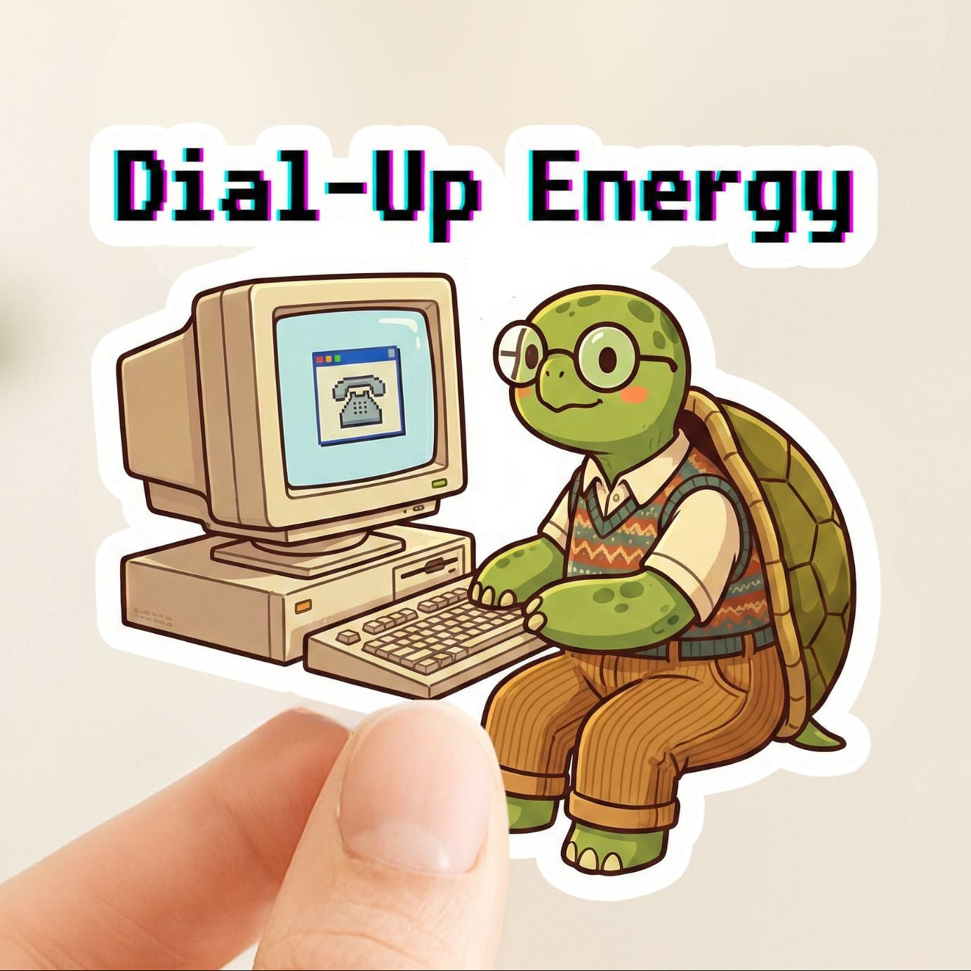 Dial-Up Energy Vintage Turtle | 90s Tech | White Vinyl | Die-Cut Sticker