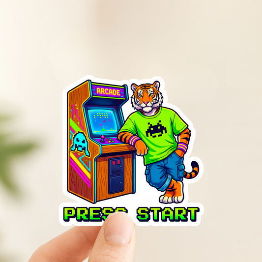 Press Start Arcade Tiger | 90s Gamer | White Vinyl | Die-Cut Sticker