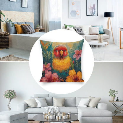 Tropical Lovebird Vivid Illustration Cushion Cover — US-Made, Single-Sided Print, 45×45cm