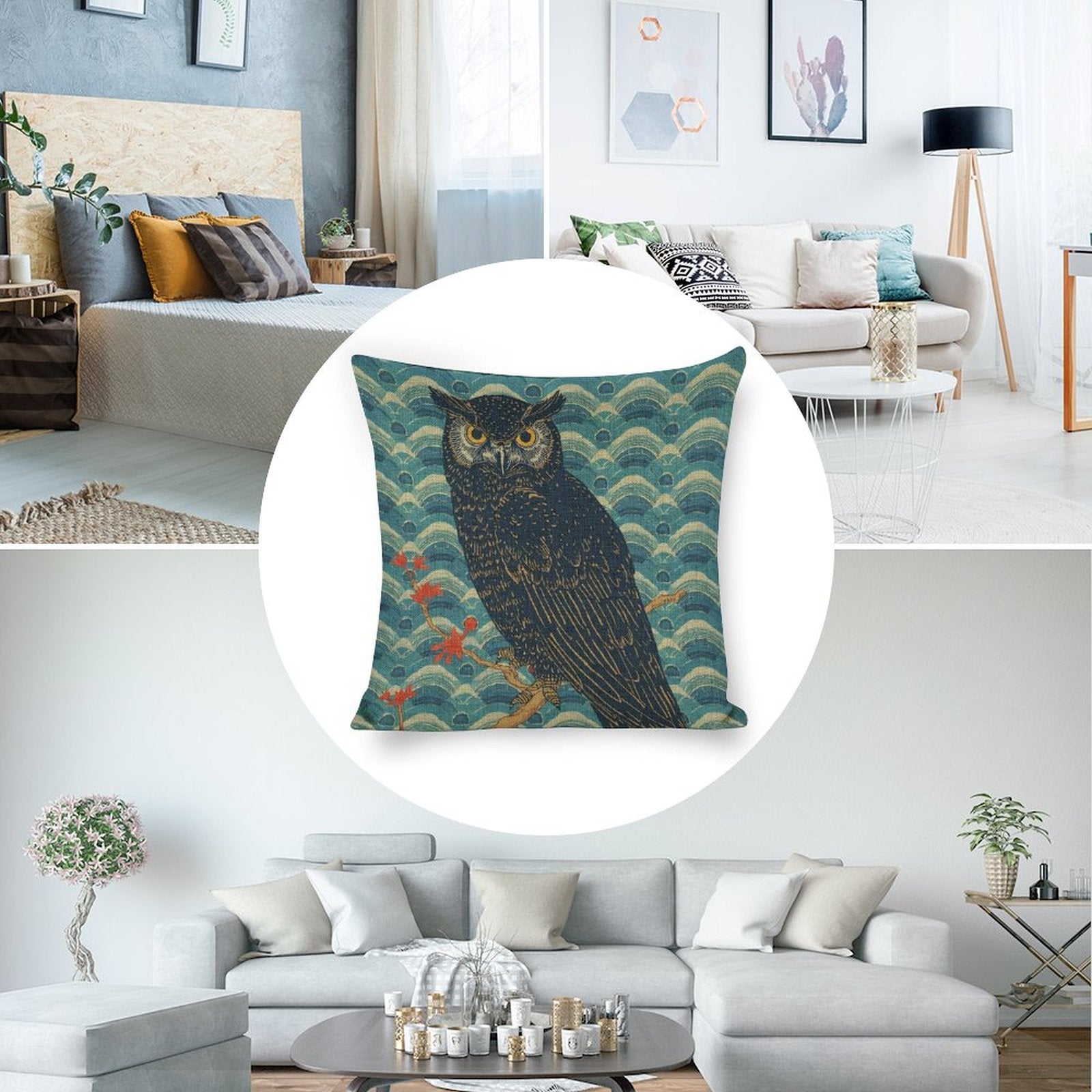 Majestic Owl Japanese Ukiyo-e Cushion Cover — US-Made, Single-Sided Print, 45×45cm